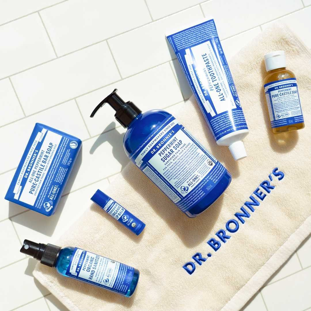 Dr. Bronner's Castille Soap, Peppermint Range. Available from Dr. Bronner's Ireland at Healthy Buzz your local healthy shop in Malahide, Dublin