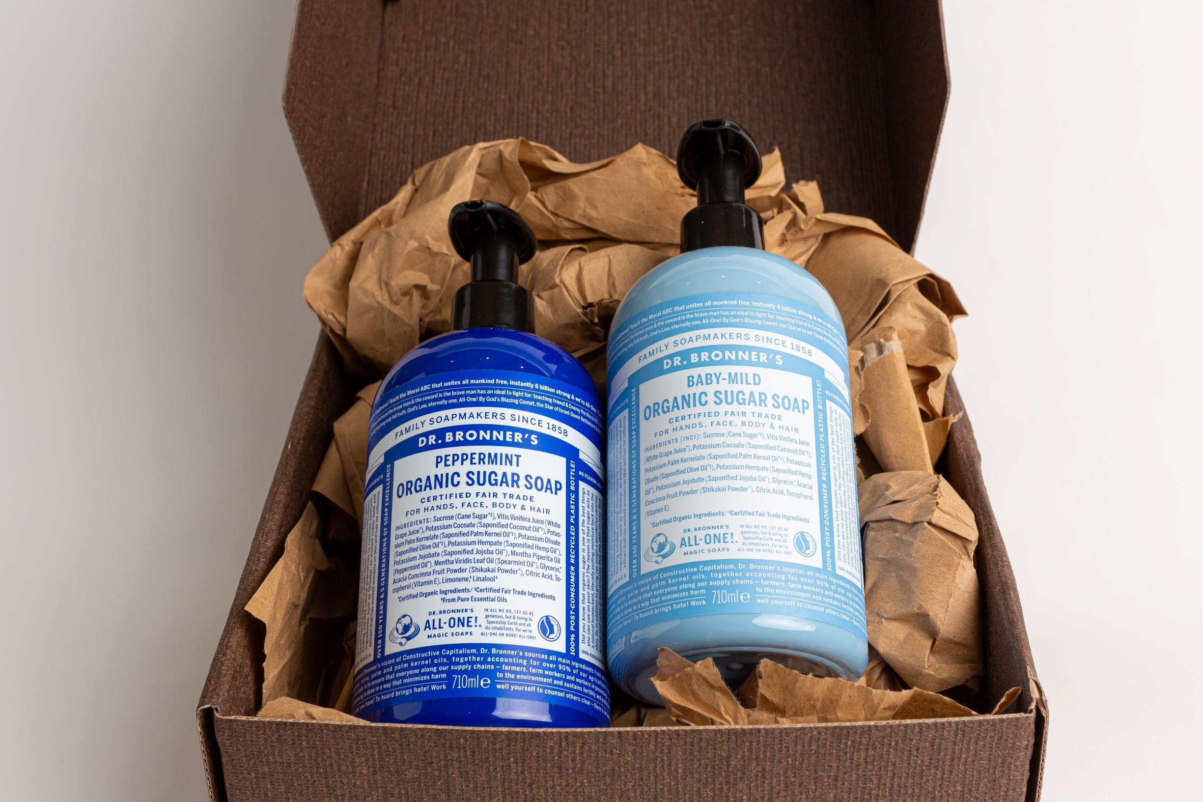 Dr Bronner's Organic Sugar Soap Gift Set 710ml (Baby-Mild & Peppermint) + Free 60ml Soap and Gift Bag