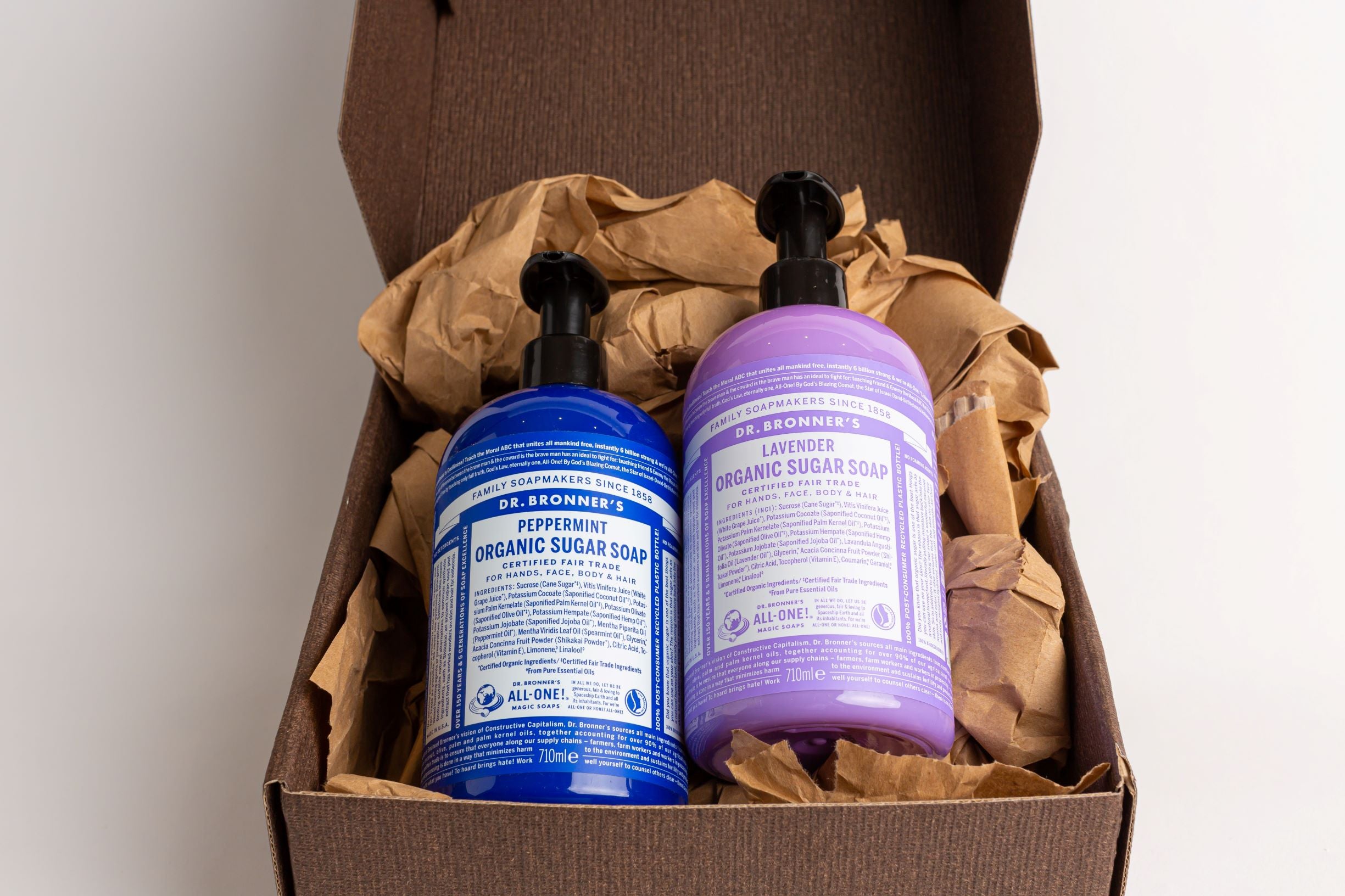 Dr Bronner's Organic Sugar Soap Gift Set 710ml (Lavender & Peppermint) + Free 60ml Soap