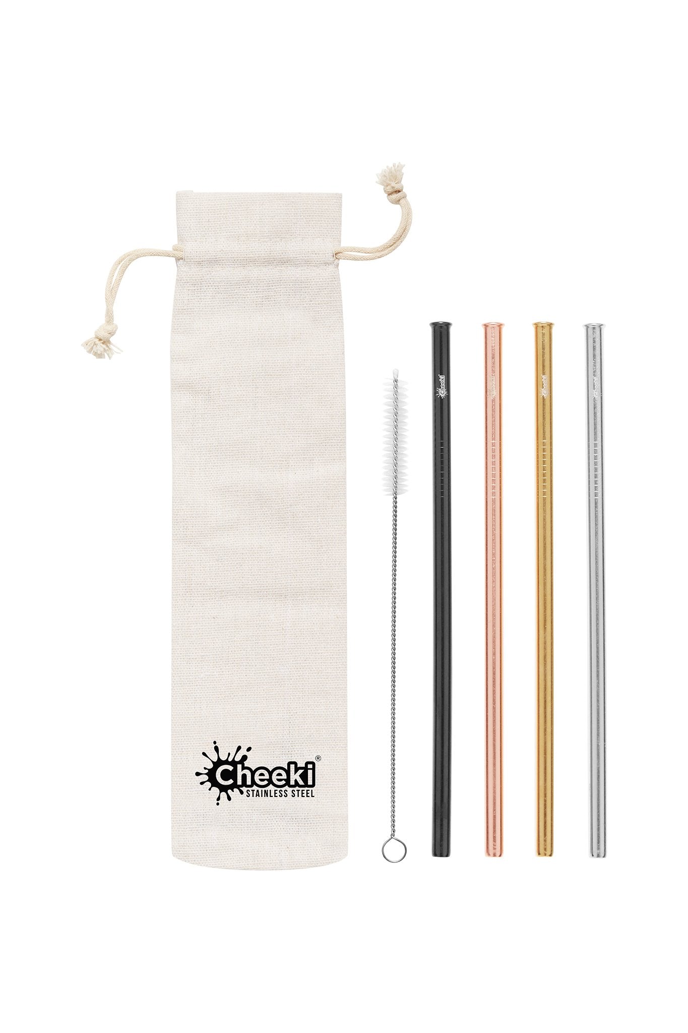 Straight Stainless Steel Straws - Silver, Gold, Rose Gold, Black, Cleaning Brush + Bag 4 Pack