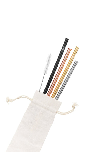 Straight Stainless Steel Straws - Silver, Gold, Rose Gold, Black, Cleaning Brush + Bag 4 Pack